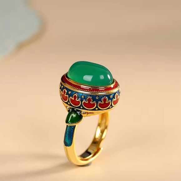 Anthropologie Jewelry - Enamel Ring with Green Stone in Oriental Style